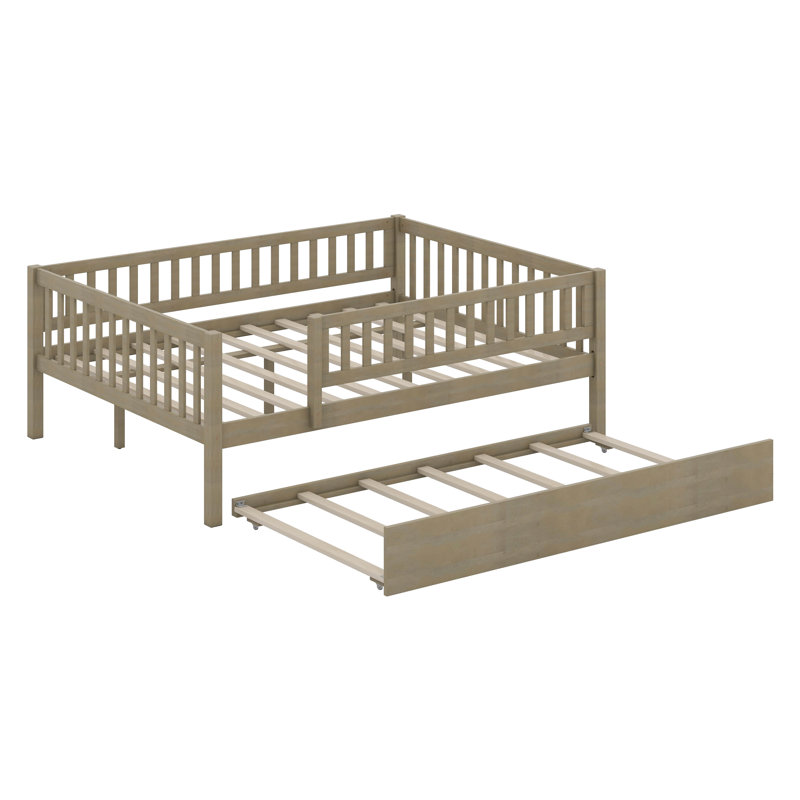 Full Size Wood Daybed With Trundle And Fence Guardrails