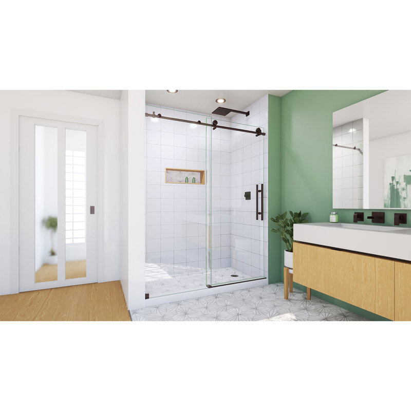 56"- 60" W x 76" H Single Sliding Frameless Shower Door with ClearMax Glass Treatment, Oil Rubbed Bronze
