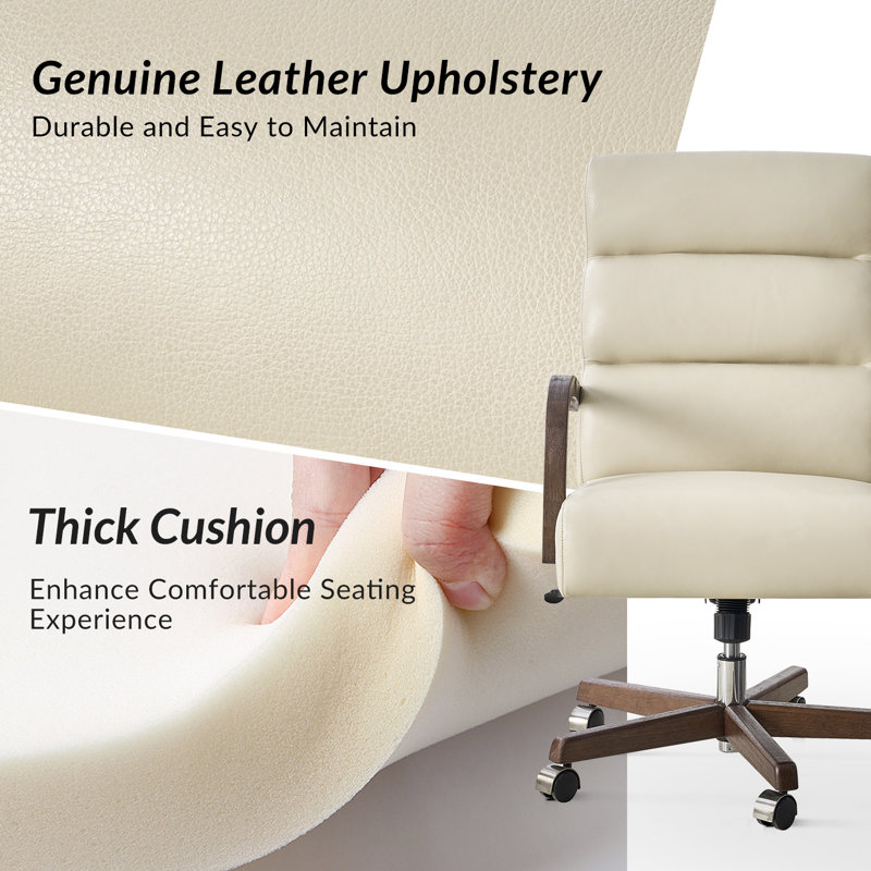 Para Modern Genuine Leather Tilting Executive Chair with Solid Wood Arms and Ergonomic Padded Back, Beige