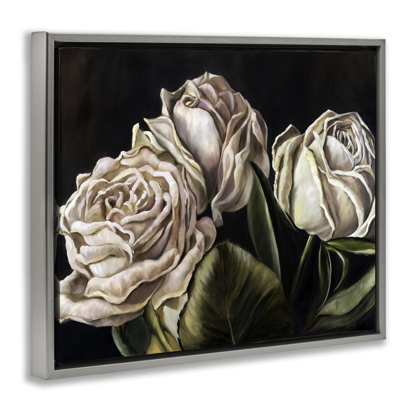 Cadre flottant Fading Beauty White Roses, design par Mary Sparrow, Cadre flottant gris lustré, H 25 po x l 31 po