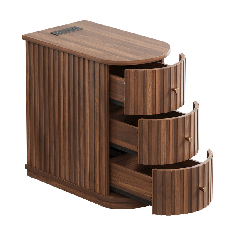 Table d'appoint cannelée de 23,6 po avec 3 tiroirs, table de bout avec station de charge et table de chevet courbée pour le salon et la chambre à coucher