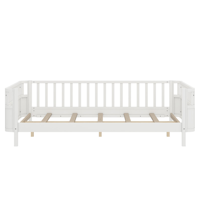 Full Size Kids Platform Bed with Safety Guardrails & Detachable Fence, Wood Frame for Bedroom,White, White, Full