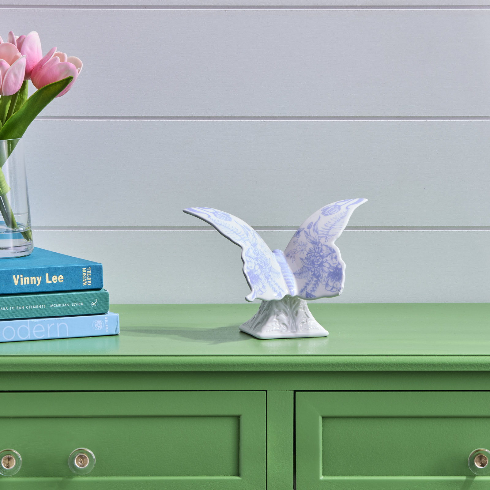 Hughes Dolomite Butterfly on Pedestal Decor, White/Blue