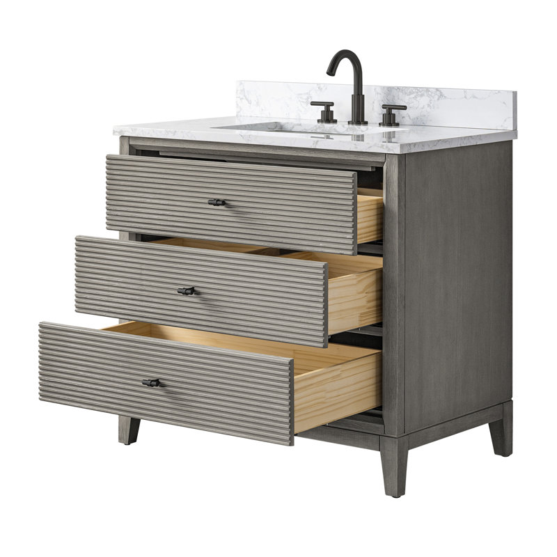 Meuble-lavabo autoportant à simple cuve 36 po avec plateau en marbre Caldwell, Arabescato White, Bois flottant gris, Noir mat