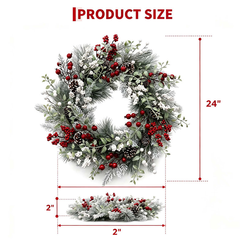 Couronne de Noël illuminée de 61 cm (24 po) avec des pommes de pin, 20 lumières DEL, 8 modes d'éclairage, feuillage en PVC, décoration intérieure et extérieure