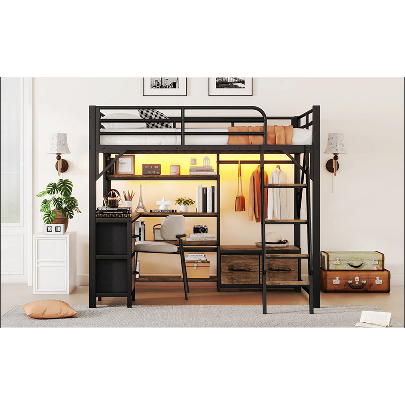 Lit mezzanine double avec bureau et lumière, Double