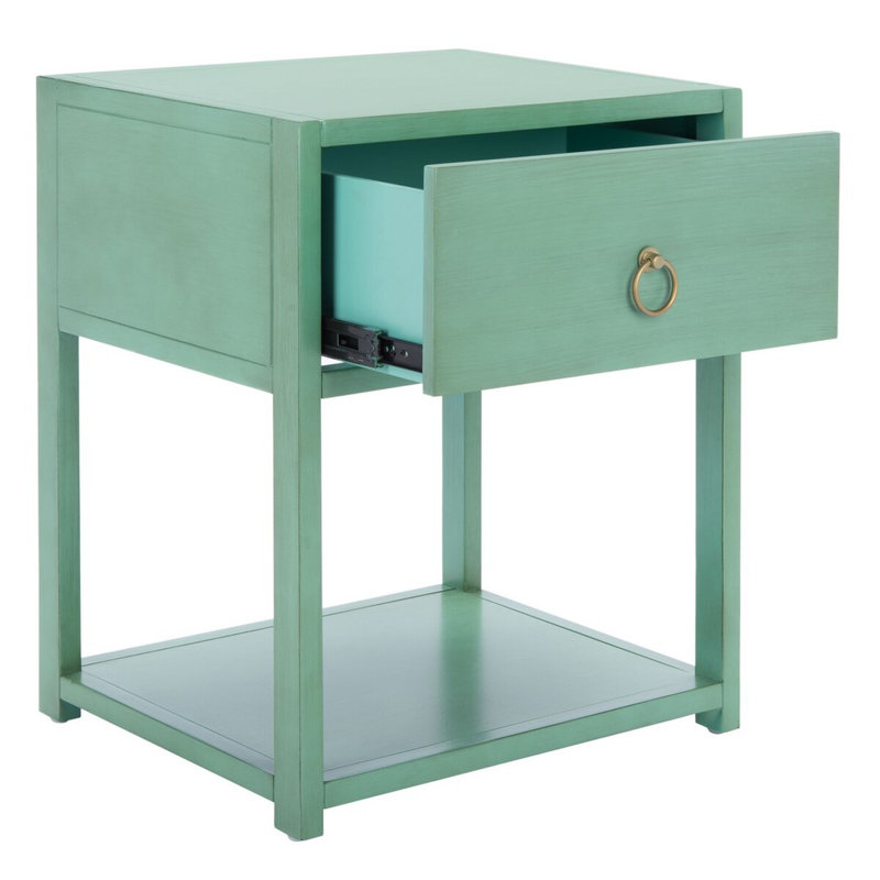 Elegant Yudi 21'' W Acacia Nightstand – Modern Wood Bedside with Gold Pull Drawer and Storage Shelf, Turquoise