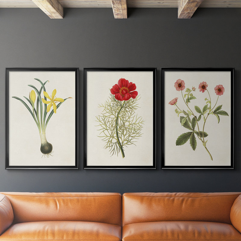 Fleurs des saisons VI - Toile tendue avec châssis sur mesure - 3 pièces, H 30 po x l 63 po, Noir, noir, noir, noir