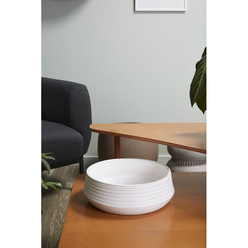 Round White Planter Bowl 13" White Ribbed Low Pot