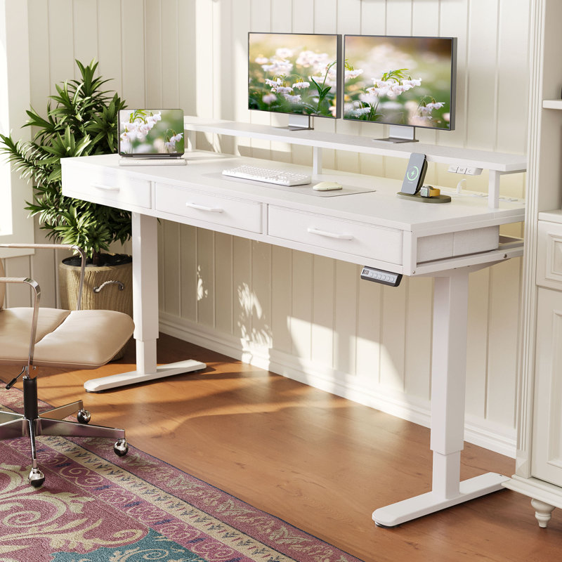 Yaelin 63"W Home Office Height Adjustable Standing Desk With 3 Drawers, Power Outlets and LED Lights, Brown/Black