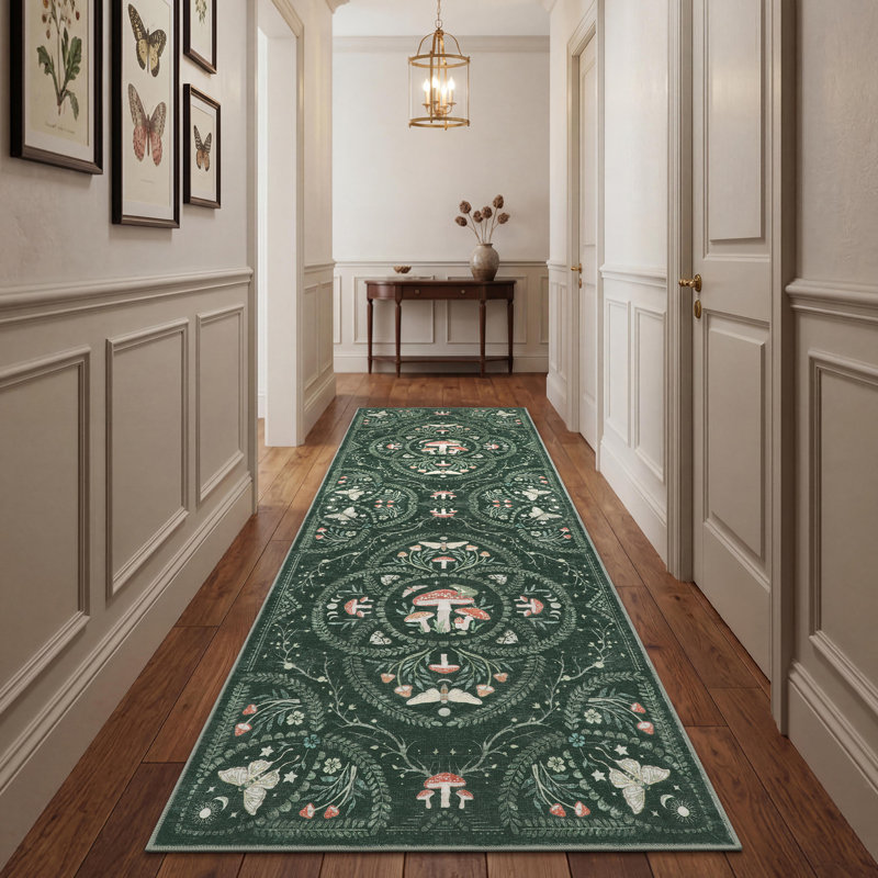 Tapis à poils courts à motif champignon gothique pour salon, chambre et cuisine, Vert, 2 x 6 pi