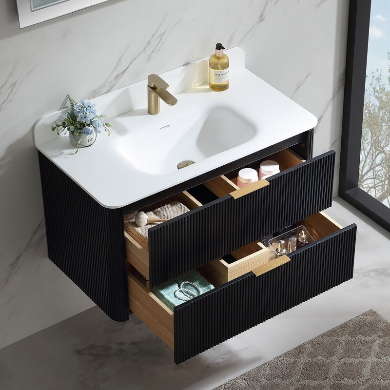 Meuble-lavabo mural flottant avec plateau en acrylique, Noir, 36"
