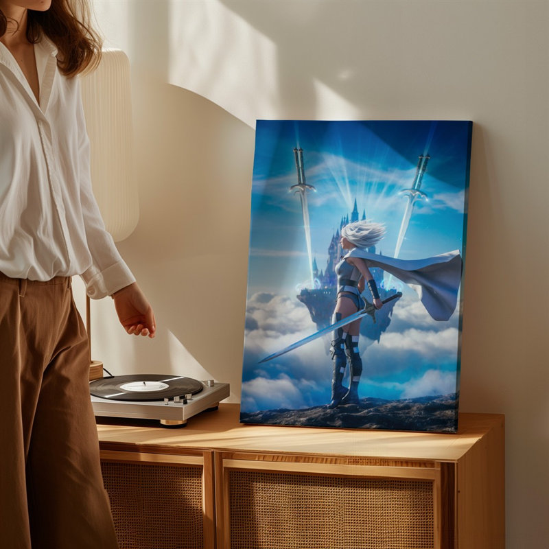 Toile, "A Heroic figure debout sur un éperon rocheux regardant dans un art mural" La distance avec une expression déterminée