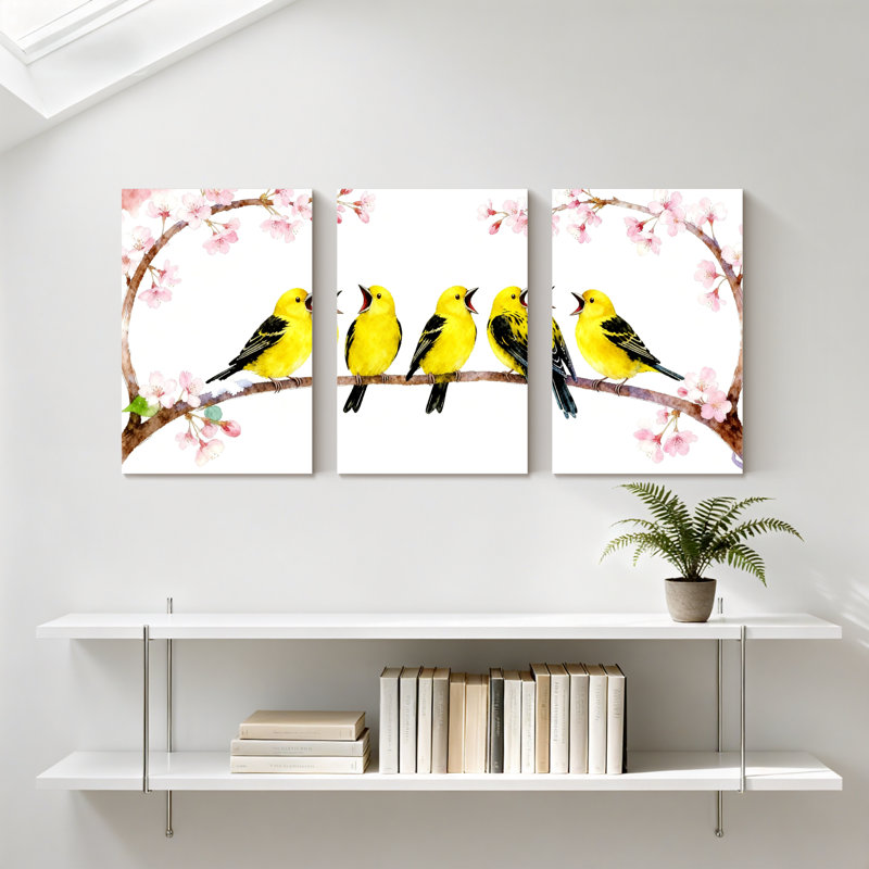 Oiseaux jaunes sur une branche de cerisier en fleurs, ensemble de 3 impressions sur toile, H 18 po x l 36 po
