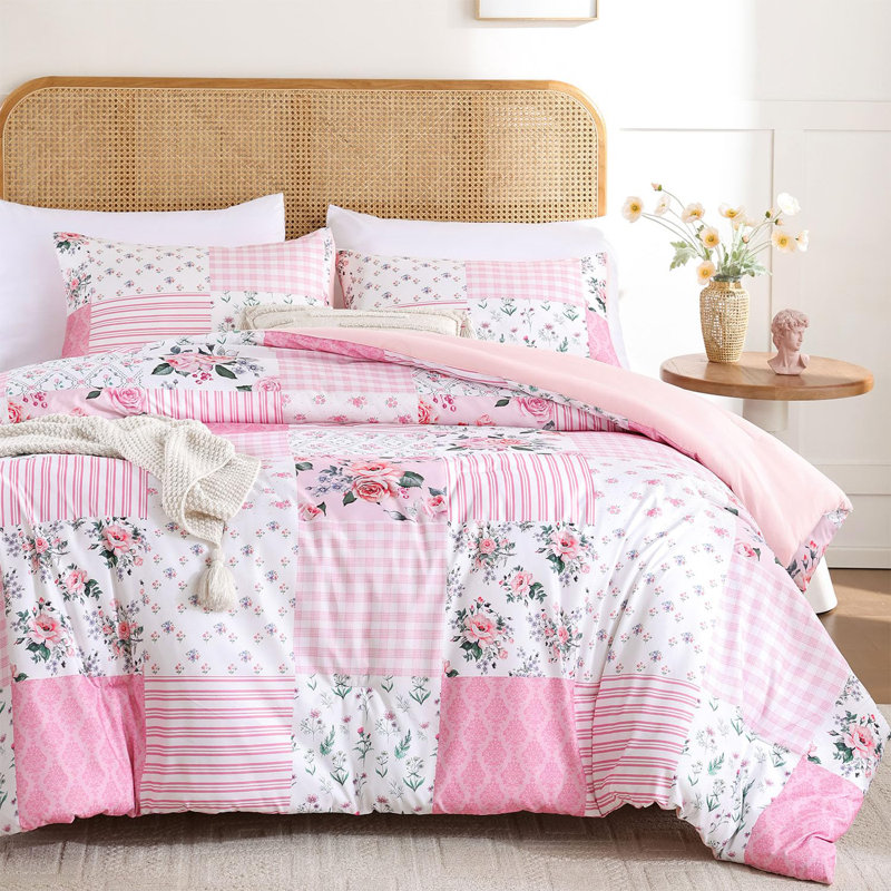 Floral Comforter Set 3 Pieces- All Seasons Patchwork Flower Cozy Comforter With Two Pillowcases, Pink