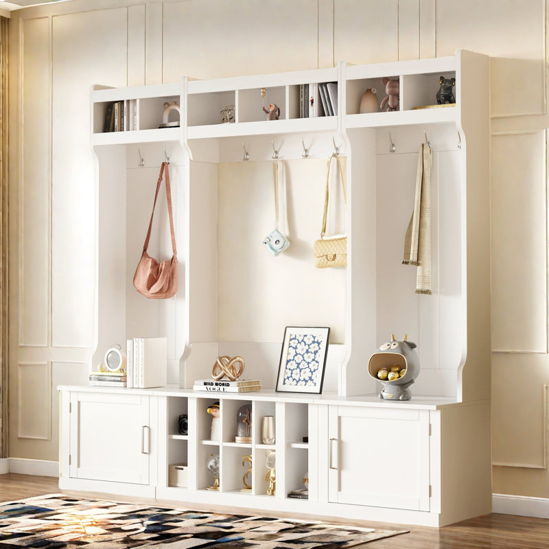 4-in-1 Multi-functional Hall Tree With Coat Rack, Bench, Shoe Cubbies And Open Compartments, White