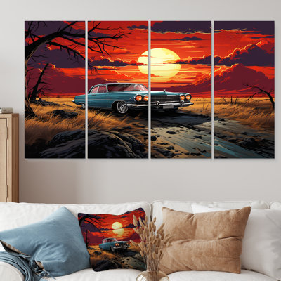 Orange et rose voiture américaine classique sur la plage II - voiture ancienne américaine, art mural 4 pièces