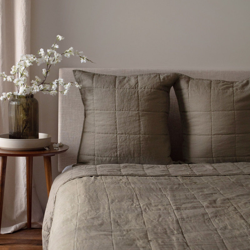 French Linen Box Stitch Quilted Euro Sham, Moss