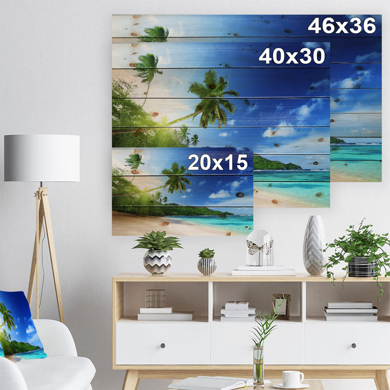«Sunset Beach with Palm», reproduction de photo sur métal, H 15 po x l 20 po, Bois