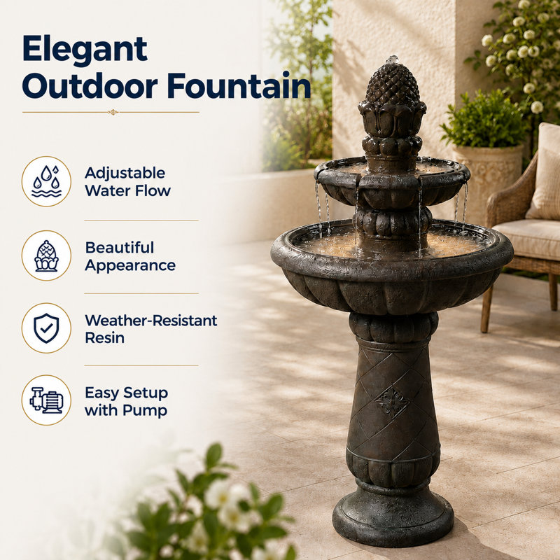 Webbe 2-Tier Outdoor Birdbath Freestanding Water Fountain with Adjustable Pump, Stone-Look Finish & Weather-Resistant Polyresin