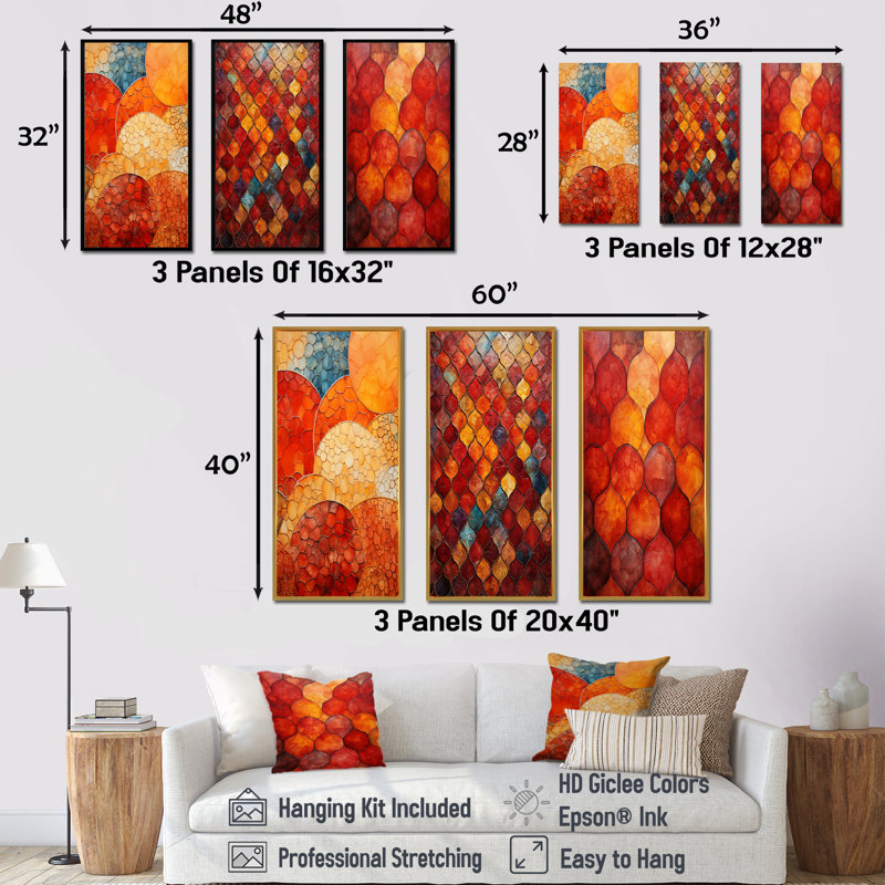 Carreaux marocains élégants orange et jaunes I - ensemble de 3 reproductions d'art sur toile mosaïque bohème