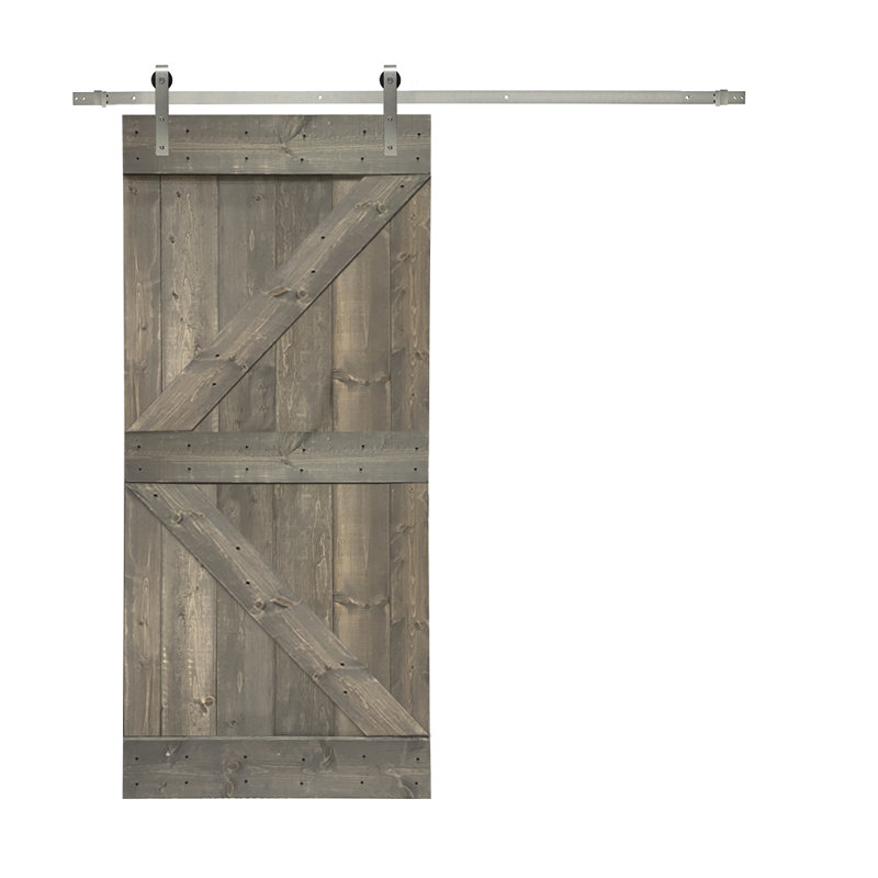 Porte de grange peinte à panneaux en bois et métal avec ensemble de quincaillerie d’installation, 30 po x 84 po, Gris patiné