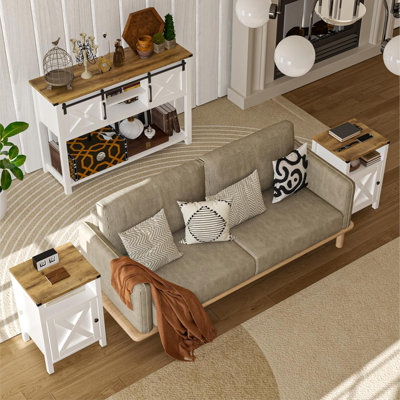 Meuble d'entrée avec portes coulissantes de style grange, console de rangement de style champêtre avec éclairage DEL et étagères réglables, chêne blanc