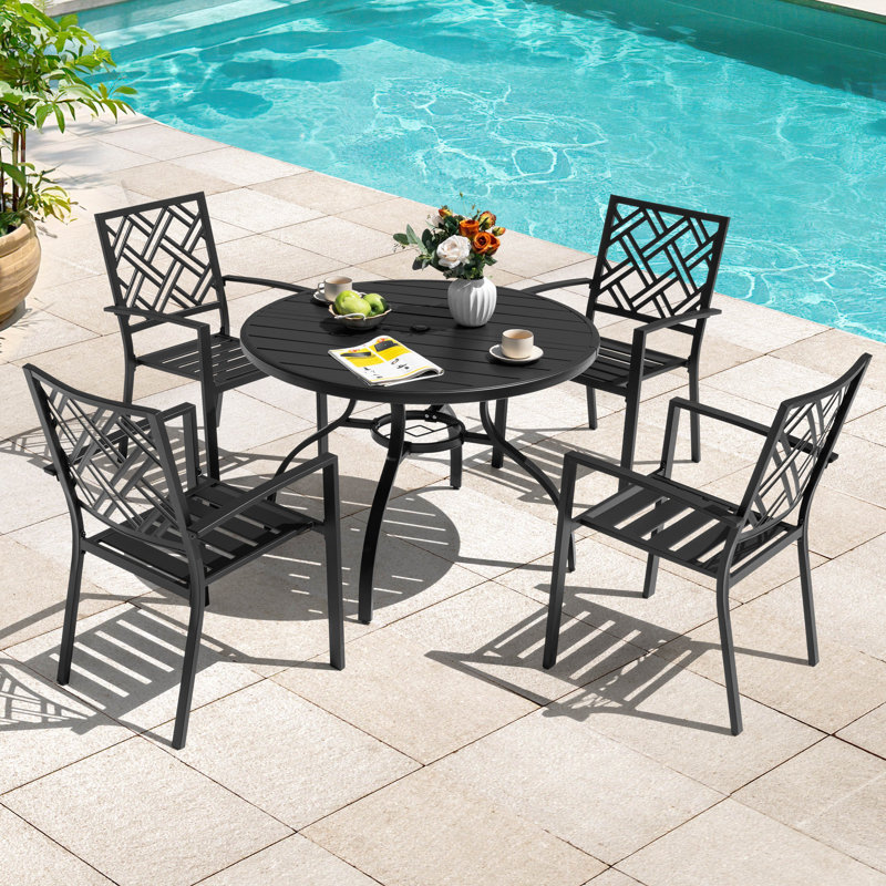 5-piece Metal Patio Dining Set With Umbrella Hole, Stackable Design
