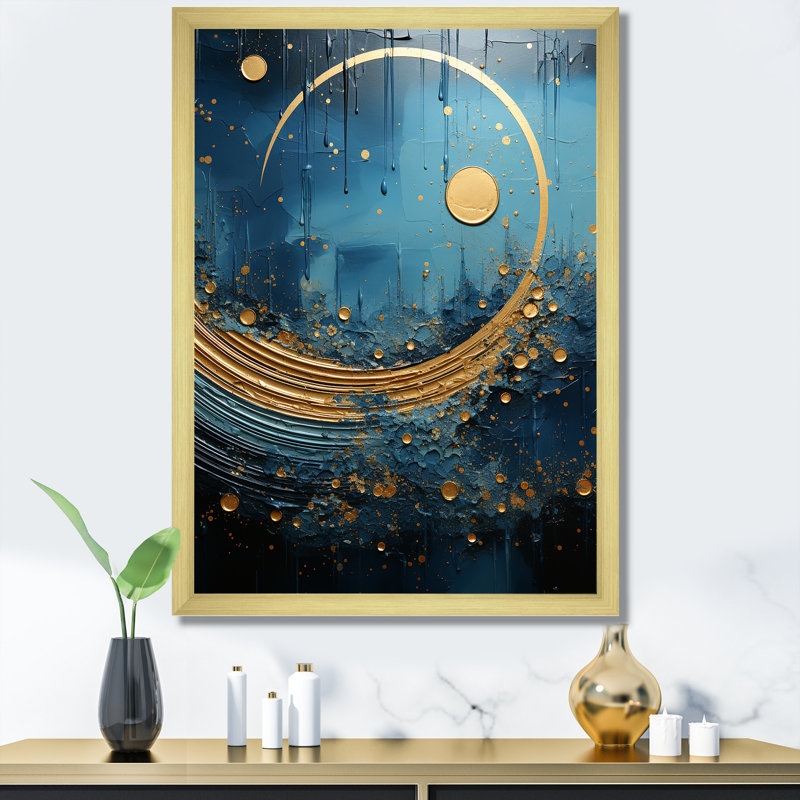 Rêve de lune bleu et doré cycle céruléen, Cadre doré simple, H 20 po x l 12 po x P 1 po