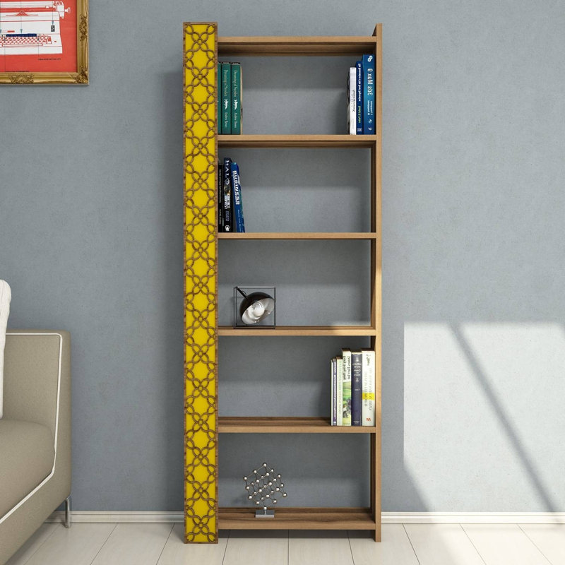Modern Bookshelf with Geometric Design, Walnut & Yellow, 25.4 x 67.0 x 9.5 inches | 100% Melamine Coated Particle Board, Thickness: 0.7 inches | Numerous Shelves, Wall-Mountable, Stylish & Functional for Home & Office