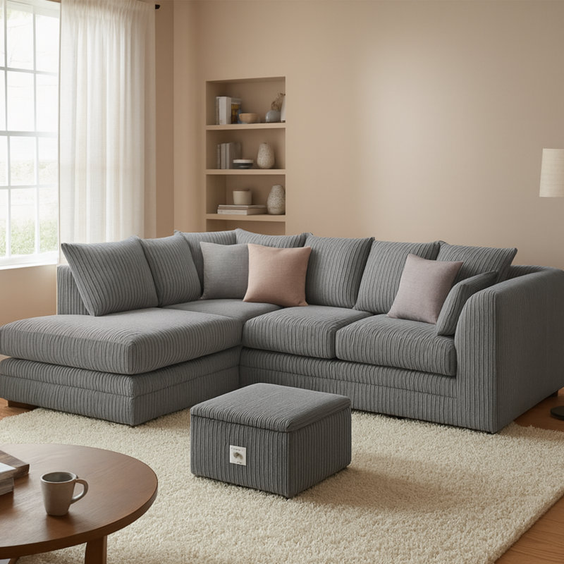 Jumbo Cord Upholstered Corner Sofa Small Back Cushion with Foot Stool , Grey, Left Hand Facing