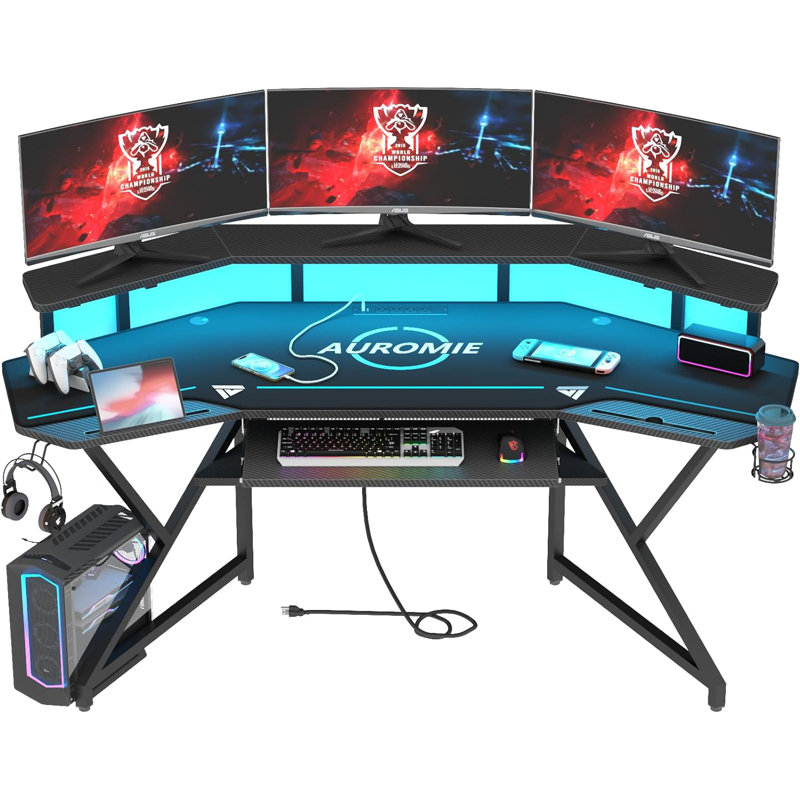 Berlanga Gaming Desk with Power Outlet & Led Strip, Large Wing-Shaped Computer Desk with Monitor Stand