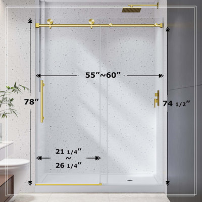 55-60" W x 78" H Brushed Gold Frameless One Fixed Glass Door And One Sliding Shower Door,Explosion-Proof Film And Nano Coating,Stainless Steel Hardware And 1/4"(6mm) Tempered Glass