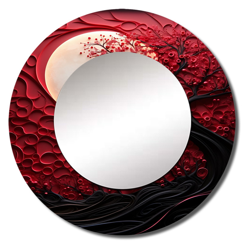 Red Moon Ruby Radiance - miroir décoratif lune, miroir mural rond rouge, impression d'art en métal, 23 po x 23 po