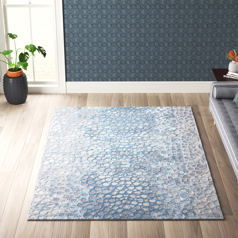 Tapis abstrait gris / bleu Gupton, Rectangle 5 pi 5 po x 7 pi 7 po