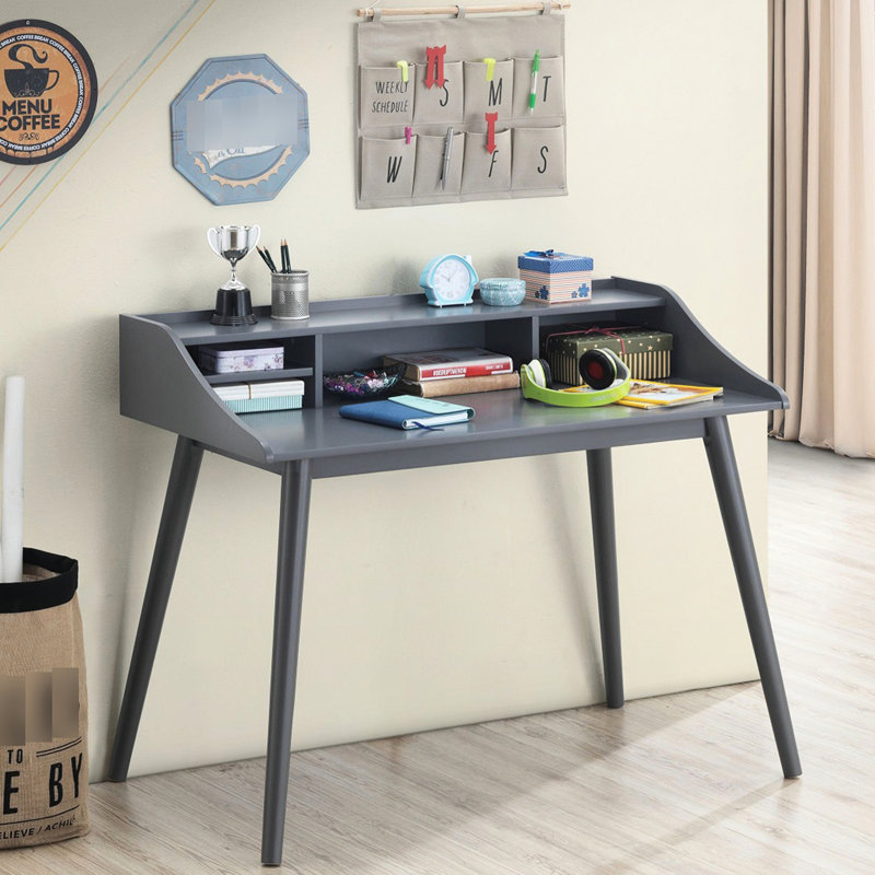 Bureau gris de style Mid-Century avec 4 bacs de rangement et 4 pattes modernes