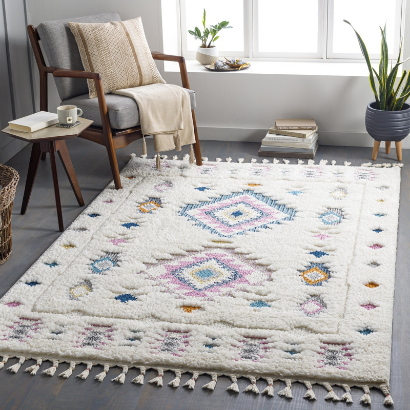 Diemer Machine Woven Blue/Cream/Pink Area Rug, Rectangle 6'7" x 9'