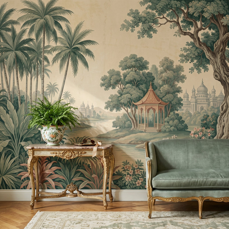 Papier peint paysage tropical paysage de palmiers amovible scène murale rivière, 100 po x 96 po, Peler et coller