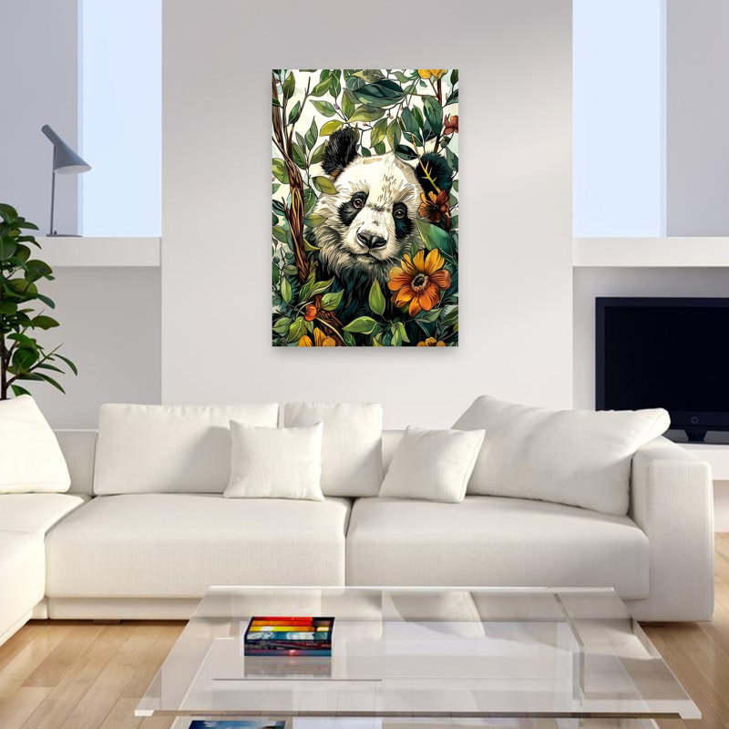 «Peeking Panda Parmi les Feuilles», art contemporain de fleur de panda contemporain, H 48 po x l 32 po