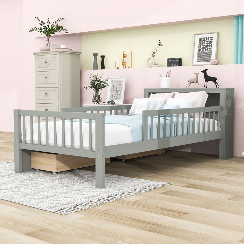 Lit plateforme simple à deux tiroirs avec tête de lit, Gris