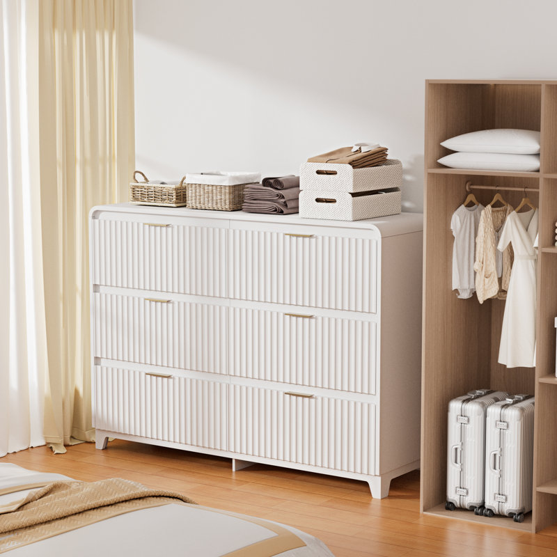 Commode 6 tiroirs pour chambre à coucher, commode moderne cannelée avec poignée Mrtal pour le salon, blanc, Blanc