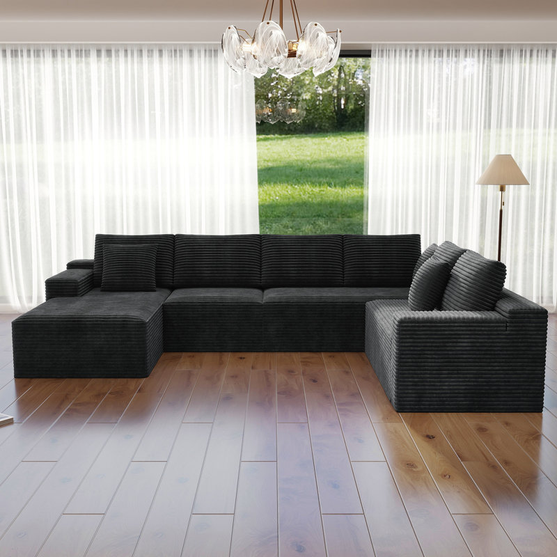 Canapé modulaire en U de 132 po pour 5 personnes Koli, velours côtelé gris, faisant face à droite, Gray Corduroy