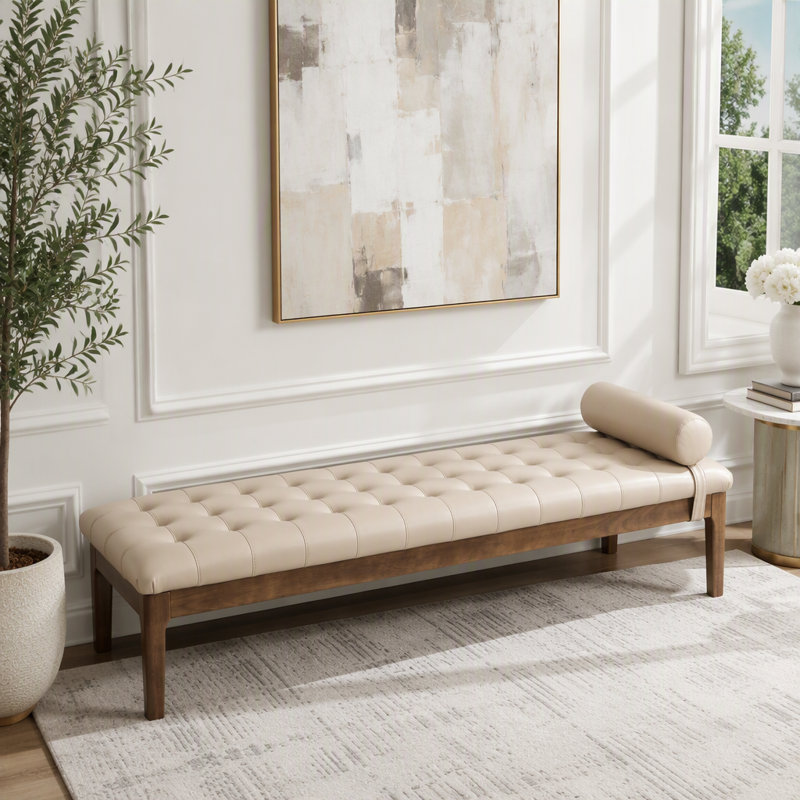Banc capitonné à boutons avec appui-tête, Taupe