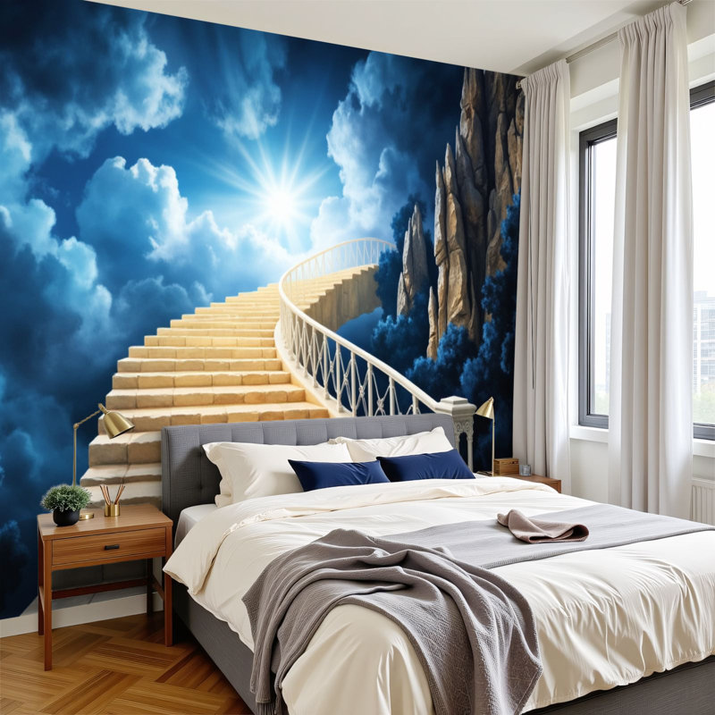 Papier peint adhésif pelez et collez, "Escalier vers le ciel au milieu des nuages bleus", "Falaises rocheuses", auto-adhésif et amovible