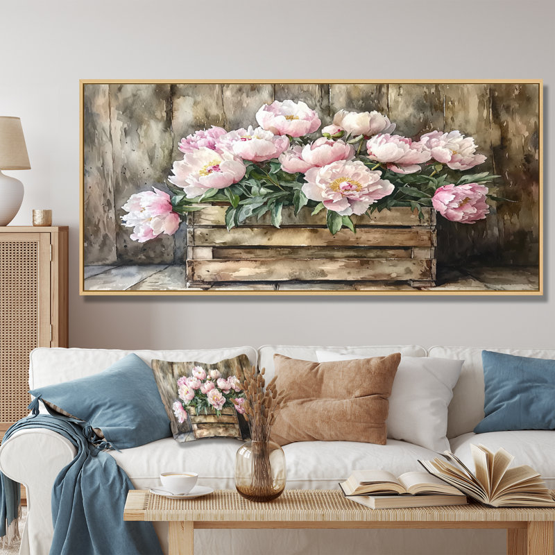 Pivoine campagnarde - Bouquet de pivoines, H 28 po x l 60 po, Floater Framed, Noir