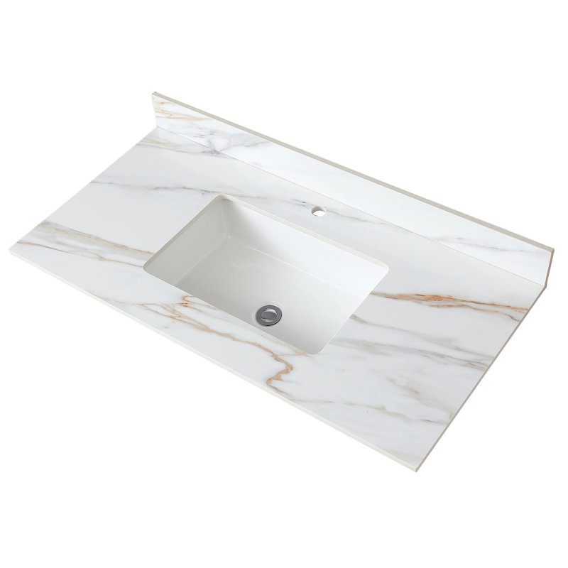Comptoir de meuble-lavabo 43 po - Marbre blanc avec veines magnifiques, lavabo rectangulaire, dosseret de 4 po, trou de robinet pré-percé, armoires compatibles 42 po x 21 po, assorti aux armoires centrales: l 42 po x P 21 po
