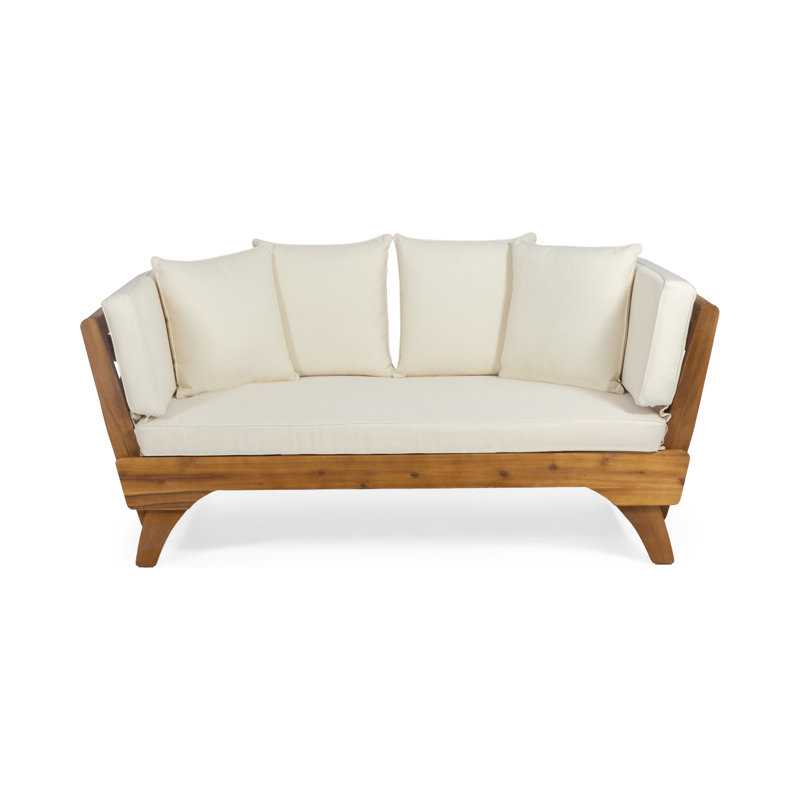 Modern Coastal Outdoor Acacia Wood Expandable Convertible Patio Sofa Bed Daybed with Cushions, Adjustable Armrests for Poolside, Porch