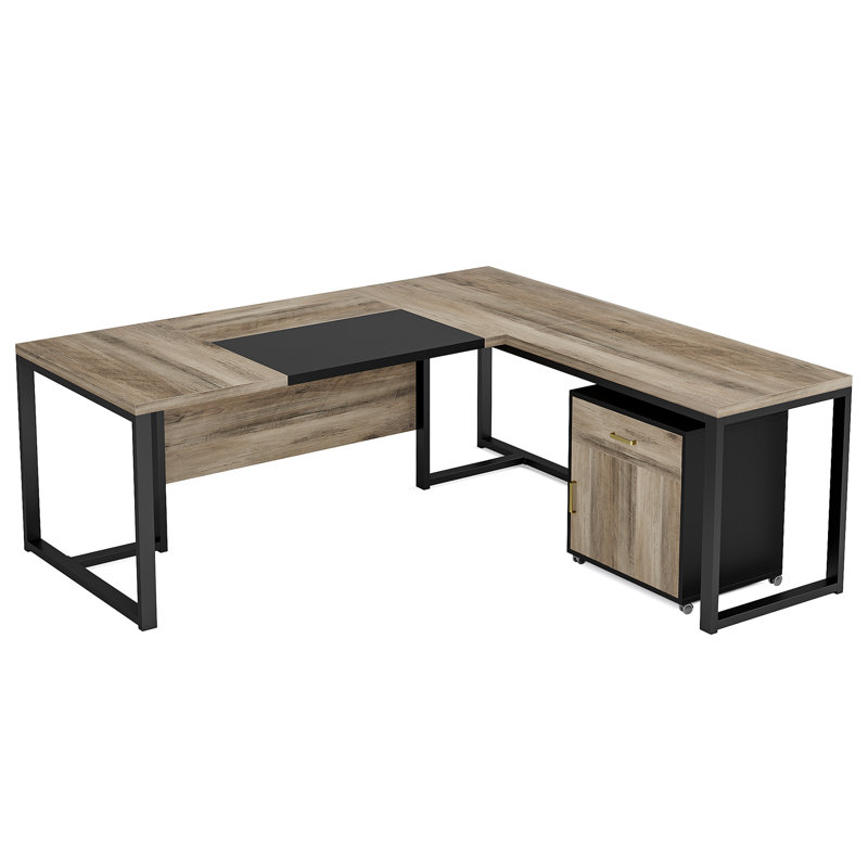 71'' Corner Desk with File Cabinet, Large L Shaped Desk with Mobile Filing Cabinet for Home Office, Gray/Black