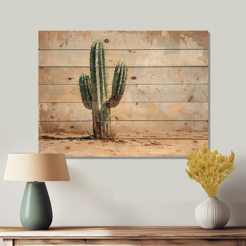 Cactus In The Desert II - Floral Cactus Wood Wall Art - On Natural Pine Wood, 30" H x 40" W x 0.78" D