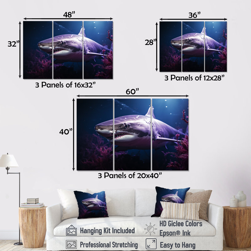 Oceans Purple Ghost Shark Photography - Shark Wall Art Living Room Set, 32" H x 48" W x 1" D